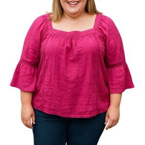 Time & Tru Fuchsia Top Size XXL (20) Square Neck Blouse Ruffled 3/4 Sleeves